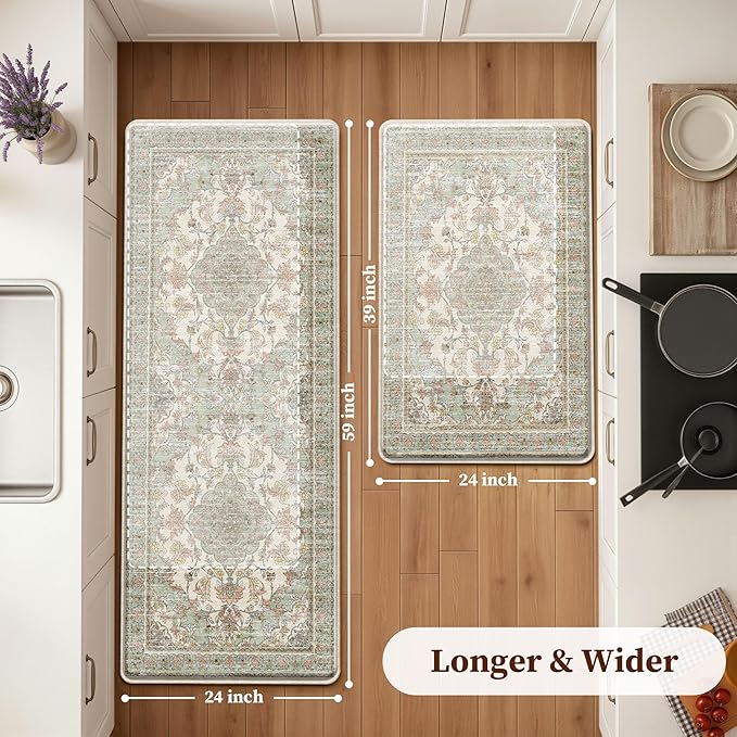 Boho Kitchen Mats for Floor 2 Piece Set Anti Fatigue Cushioned PVC Kitchen Rugs Non Slip Waterproof Farmhouse Mats 2/5 Inch Comfort Standing Mat for Sink, Laundry, 23.6"x39"+23.6"x59",D1