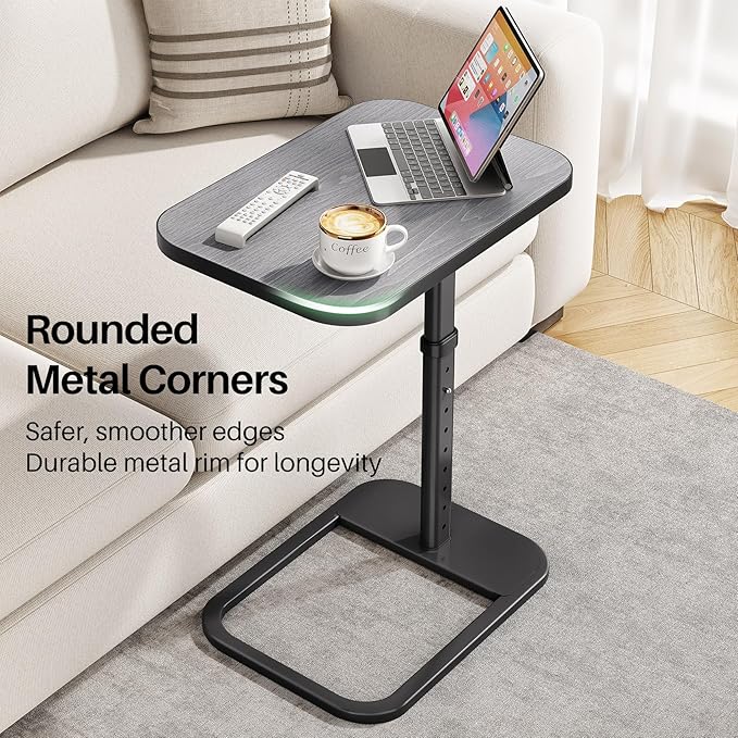 Kitstorack TV Tray Table, Adjustable Height & Rounded Metal Corners, Snack Table for Couch, Sofa, Bed, Chair, Living Room, C Shaped End Side Table for Eating, Dinner or Laptop, Small Spaces, Dark Gray
