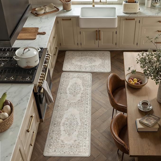 PureCozy Kitchen Mats 2PCS Anti Fatigue Cushioned Mat Beige Vintage Kitchen Mats for Floor Waterproof Non Slip Comfort Standing Medallion Floral Rug for Sink Laundry Office 17.3"x59"+17.3"x30"