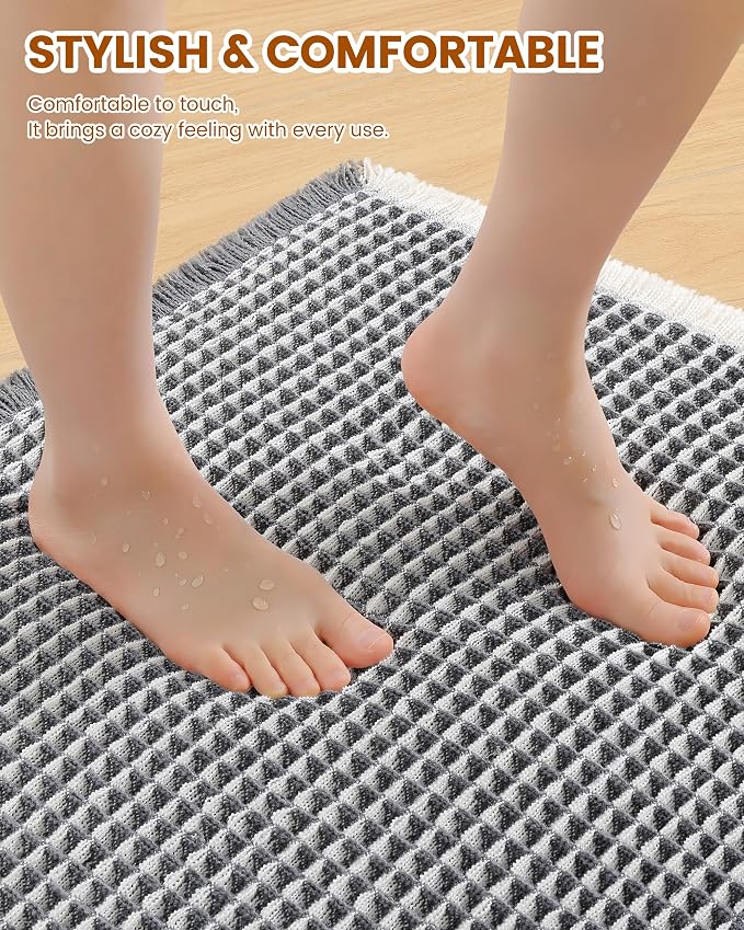 Smiry Waffle Bath Mat 60x24, Extra Soft Absorbent Bathroom Rugs, Non Slip Machine Washable Quick Dry Bath Rugs for Bathroom Floor, Tub, Shower, Home Decor Accessories, Darkgrey & Cream