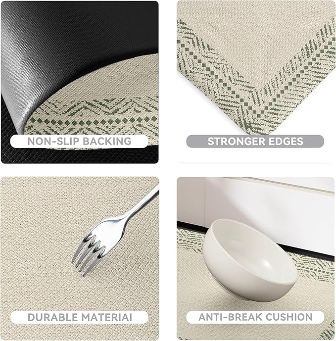 Sage Green Vintage Boho Elegance Frame Kitchen Rug Sets [2 PCs], Anti-Fatigue, Waterproof Non-Slip Kitchen Mats Heavy Duty Comfort Foam Rug for Kitchen, Floor, Laundry,17"x29"+17"x47"