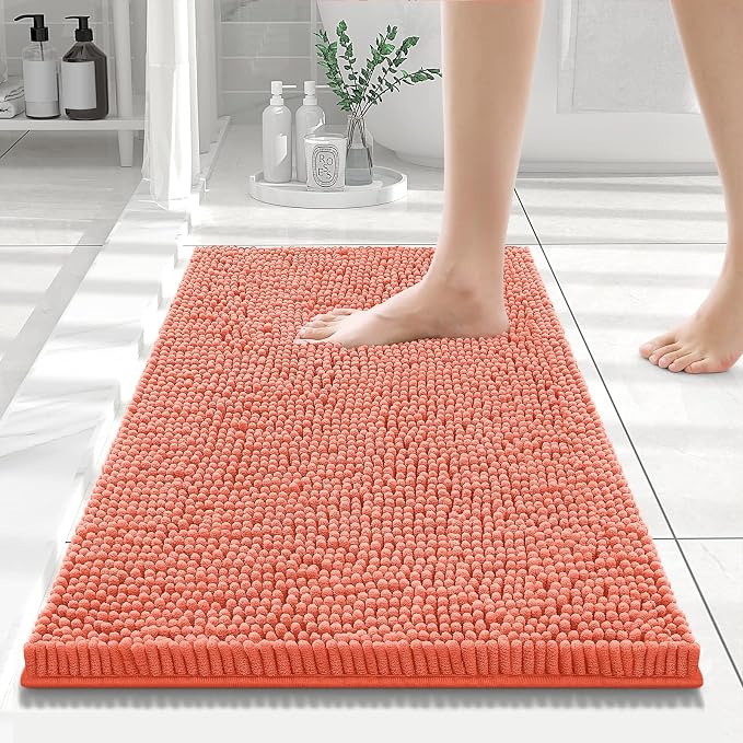 Smiry Luxury Chenille Bathroom Rugs 24x16, Extra Soft and Absorbent Shaggy Bath Mat, Machine Washable, Non-Slip Plush Carpet Runner for Tub, Shower, and Floor, Home Decor Accessories, Coral