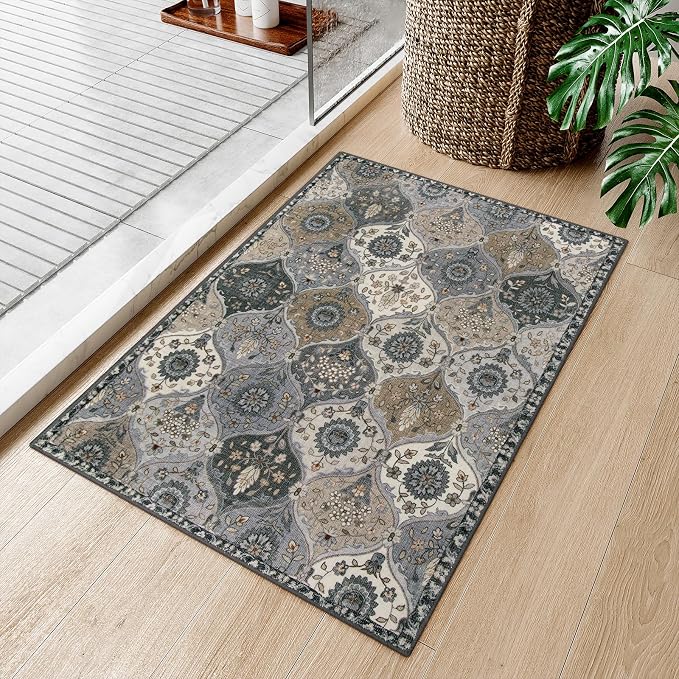 Lahome Moroccan Trellis Area Rug, 2x3 Entryway Rug Non-Slip Washable Indoor Door Mat, Small Oriental Accent Throw Carpet for Bedroom Kitchen Entry Bathroom Elise, Grey