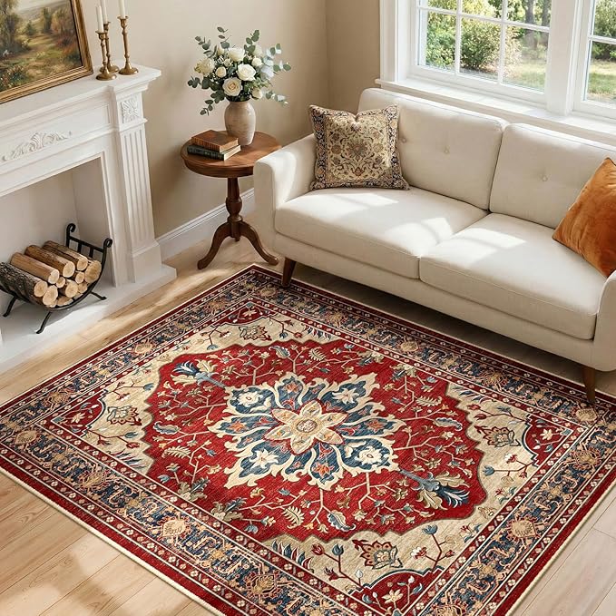 RELEANY Area Rugs 4'x6' Washable Non-Slip, Floral Vintage Distress Medallion Carpet for Living Room Bedroom Dining Room, Red Blue