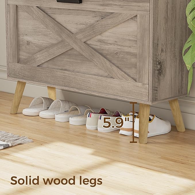 Homleke 32" W Farmhouse Shoe Storage Cabinet with 2 Flip Drawers and Barn Door Design, Adjustable Shelves, Modern Hidden Slim Narrow Shoe Rack Cabinet for Entryway, Foyer, Hallway, Living Room, Greige
