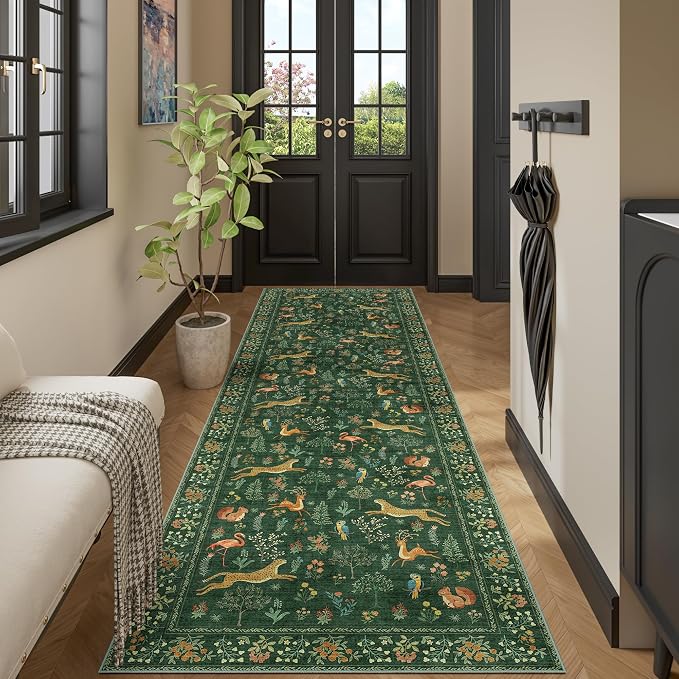 DUKINO 3x10 Washable Runner Rug for Hallway, Lightweight Long Kitchen Rug with Low Pile Design, Vintage Animal Non Shedding Thin Indoor Carpet for Entryway, Bathroom, Bedroom, Laundry Room, Green