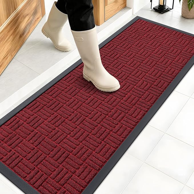 OLANLY Front Door Mat Outside Entrance 47x17, Absorbent, Heavy Duty Sturdy Natural Rubber Doormat Indoor Outdoor, Non-Slip, Stain and Fade Resistant, Low Profile Floor Mat for Entryway, Black Red