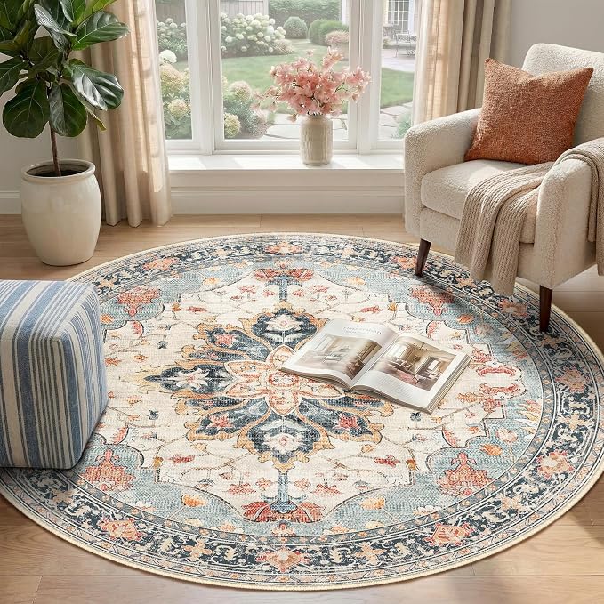 RELEANY Area Rugs Round 4ft Washable Non-Slip, Floral Vintage Distress Medallion Carpet for Living Room Bedroom Dining Room, Beige Navy Blue Orange Colorful