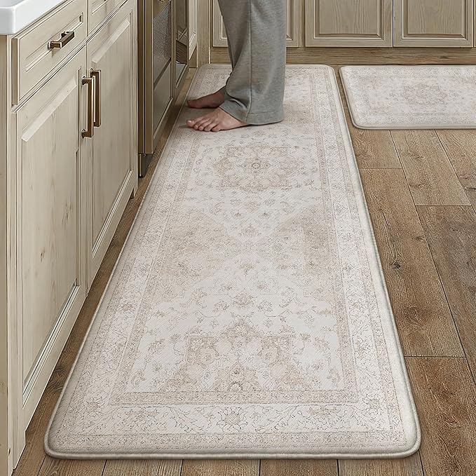 PureCozy Kitchen Mats 2PCS Anti Fatigue Cushioned Mat Beige Vintage Kitchen Mats for Floor Waterproof Non Slip Comfort Standing Oriental Medallion Rug for Sink Laundry Office 17.3"x59"+17.3"x30"