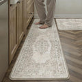 PureCozy Kitchen Mats 2PCS Anti Fatigue Cushioned Mat Beige Vintage Kitchen Mats for Floor Waterproof Non Slip Comfort Standing Medallion Floral Rug for Sink Laundry Office 17.3"x59"+17.3"x30"