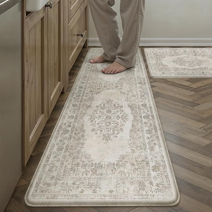 PureCozy Kitchen Mats 2PCS Anti Fatigue Cushioned Mat Beige Vintage Kitchen Mats for Floor Waterproof Non Slip Comfort Standing Medallion Floral Rug for Sink Laundry Office 17.3"x59"+17.3"x30"