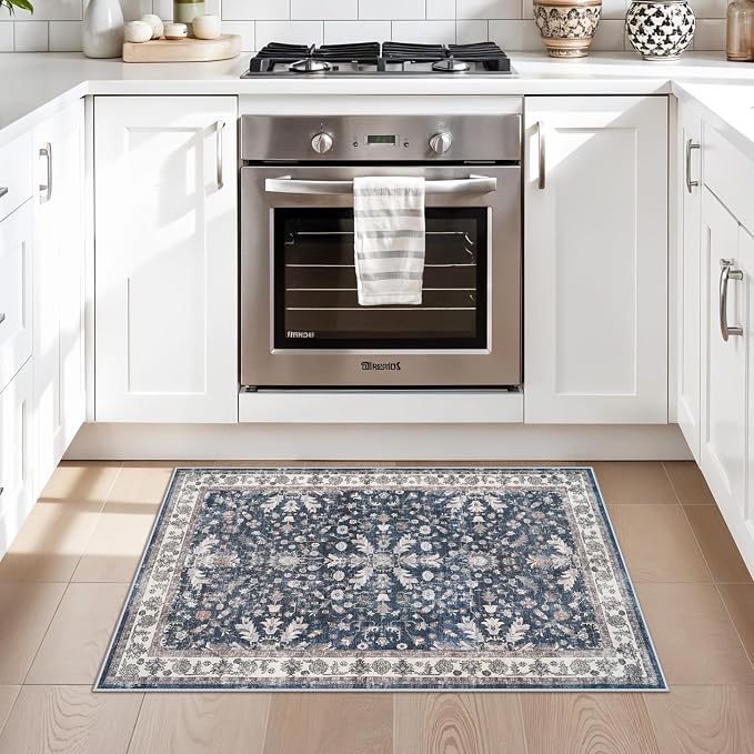2x3 Non-Slip Washable Kitchen Rug - Boho Soft Small Area Rug for Sink, Entryway, Pet Area & Bathroom - Low Pile Thin Indoor Door Mat (Blue,2x3)