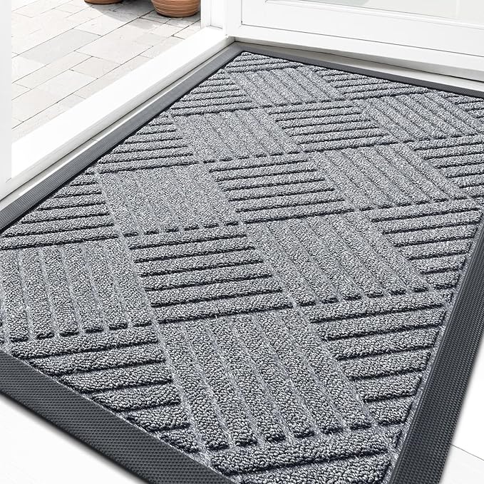 OLANLY Front Door Mat Outside Entrance 29.5x17, Absorbent, Heavy Duty Sturdy Natural Rubber Doormat Indoor Outdoor, Stain Fade Resistant, Non-Slip Low Profile Floor Mat Entryway, Charcoal Gray Diamond