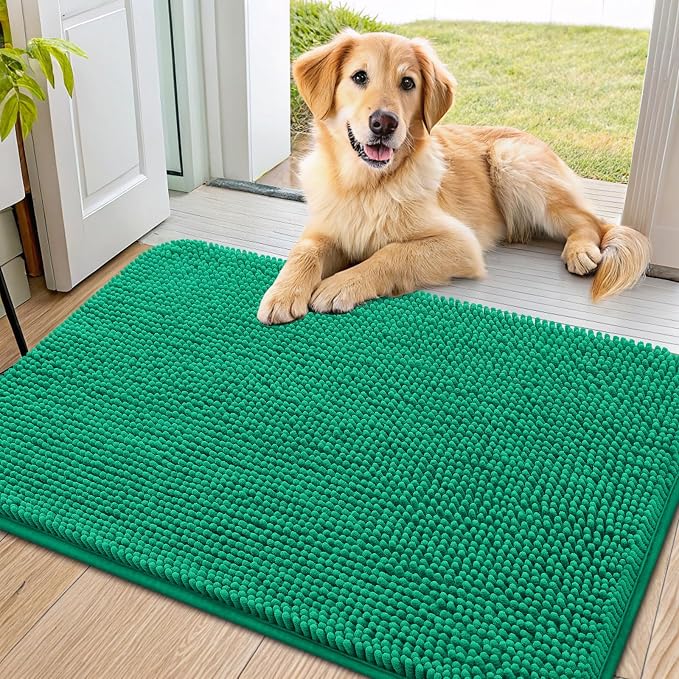 Smiry Dog Door Mat for Muddy Paws 36x24, Absorbent Dirt Trapper, Non-Slip Washable Chenille Entryway Rug for Inside Floor, Emerald Green, Classic Solid