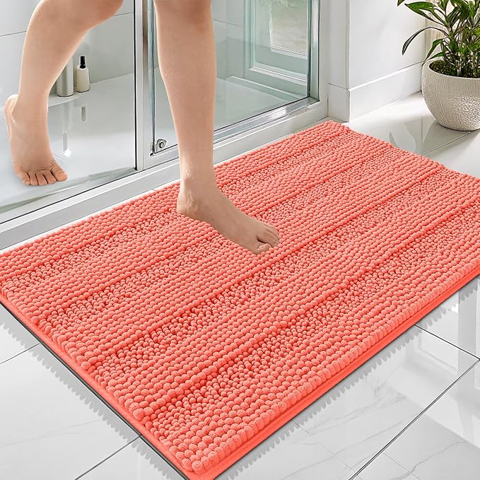 OLANLY Thick Bathroom Rugs 36x24, Extra Soft Absorbent Chenille Striped Bath Rugs, Rubber Backing, Machine Wash Dry, Bath Mats for Bathroom Floor, Tub and Shower, Home Decor Accessories, Coral