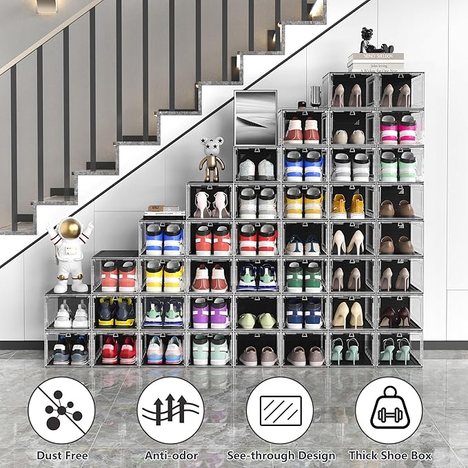 XX-Large Clear Shoe Storage Boxes with Magnetic Door, Thickened Stackable Shoe Organizer 10 Pack, Sneaker Display Case for Closet Organization Storage, Dust-Proof Space Saving System, Black Clear