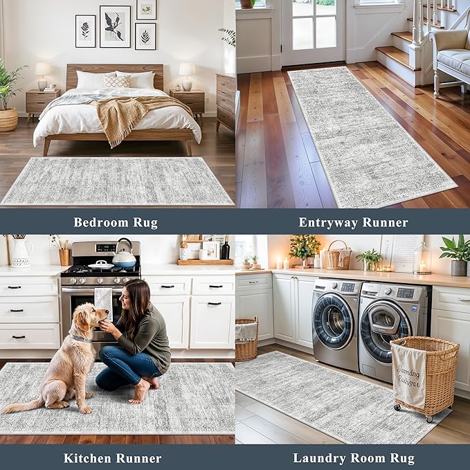 Rug Runners 2x6 Hallway Washable, Non Slip with Rubber Backing Carpet for Kitchen Bathroom Neutral Moroccan Vintage Oriental Distressed Area Rugs for Bedroom Laundry Room Entry Entryway, Grey/Ivory