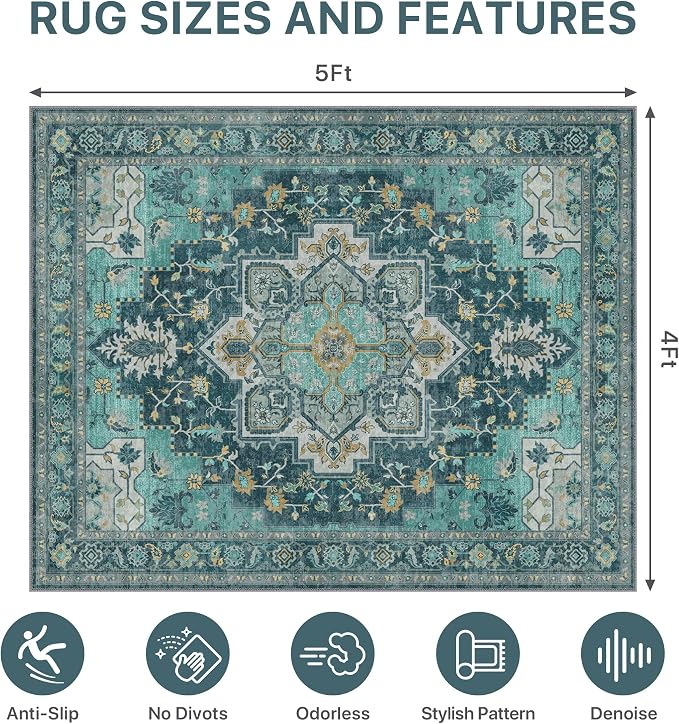 48"x60" Office Chair Mat for Hardwood Tile Floor, Under Desk Carpet Protector for Rolling Computer Chair Mat, Machine Washable Area Rug, Anti-Slip 1/5" Thick Low Pile Thin Vinyl Floor Mat, Turquoise