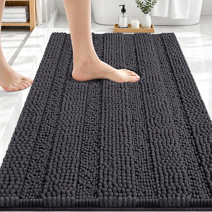 OLANLY Thick Bathroom Rugs 30x20, Extra Soft Absorbent Chenille Striped Bath Rugs, Rubber Backing, Machine Wash Dry, Bath Mats for Bathroom Floor, Tub and Shower, Home Decor Accessories, Dark Grey