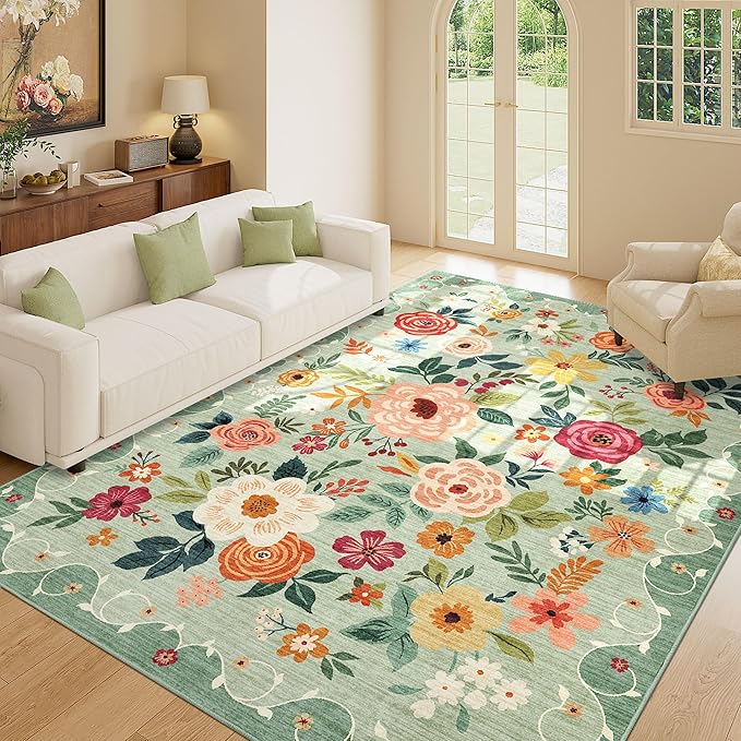 DUKINO 8x10 Area Rug, Floral Rugs for Living Room, Lightweight Non Slip Washable Rug, Indoor Low Pile & Non-Shedding Boho Design Rugs for Bedroom, Living Room, Dining Room, Green