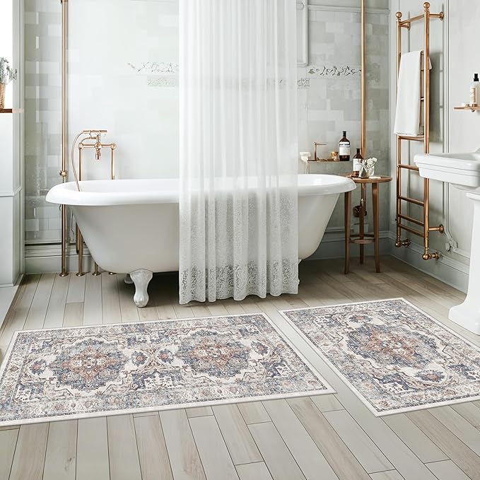 4 Pieces Kitchen Rug Set: Washable Water Resisitant Carpet for Sink Stove Area Soft Floor Mats with Non-Slip Backing for Bathroom Low-Pile Runners for Family with Elderly Dogs(2x3+2x4+2x5+2x6,Brick)