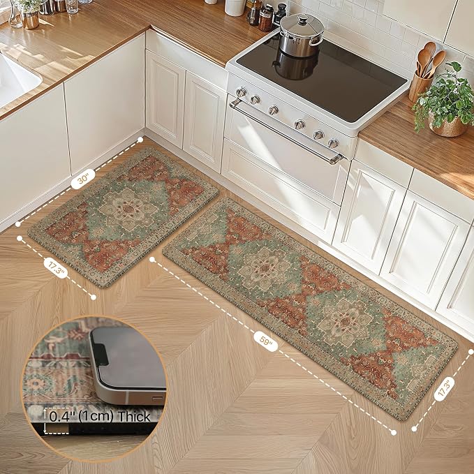GENIMO Kitchen Mats for Floor 2PCs, Washable Anti Fatigue Mat for Cushioned, 17.3"x59"+17.3"x30", Waterproof Kitchen Rugs, Non Slip Comfort Standing Mat Rug for Home, Sink, Laundry, Multi
