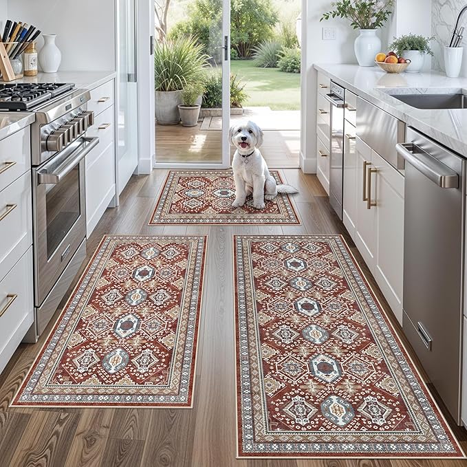 Washable Non-Slip Kitchen Rugs Set of 3 – Boho Soft Mats and Runner for Bathroom, Entryway, Hallway Room – Stain-Resistant Low-Pile Indoor Carpet (Red, 2x3+2x4+2x5)