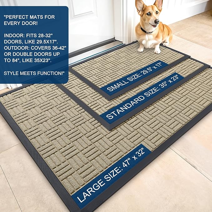 OLANLY Front Door Mat Outside Entrance 29.5x17, Absorbent, Heavy Duty Sturdy Natural Rubber Doormat Indoor Outdoor, Stain and Fade Resistant, Non-Slip Backing Low Profile Floor Mat for Entryway, Beige