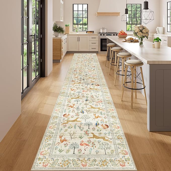 DUKINO 2.6x14 Hallway Runner Rug, Vintage Washable Long Kitchen Rug with Non Slip Backing, Stain Resistant & Low Pile Animal Print Floor Carpet for Indoor Entrance Bathroom, Laundry, Bedroom, Beige
