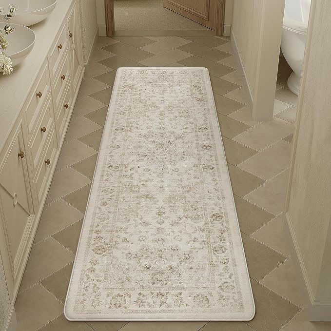 Anti Fatigue Kitchen Mats 2PCS Beige Neutral Mats for Cushioned Vintage Kitchen Matss for Floor Non-Slip Waterproof Comfort Standing Rug for Sink Laundry Office 17.3"×59"+17.3"×30"