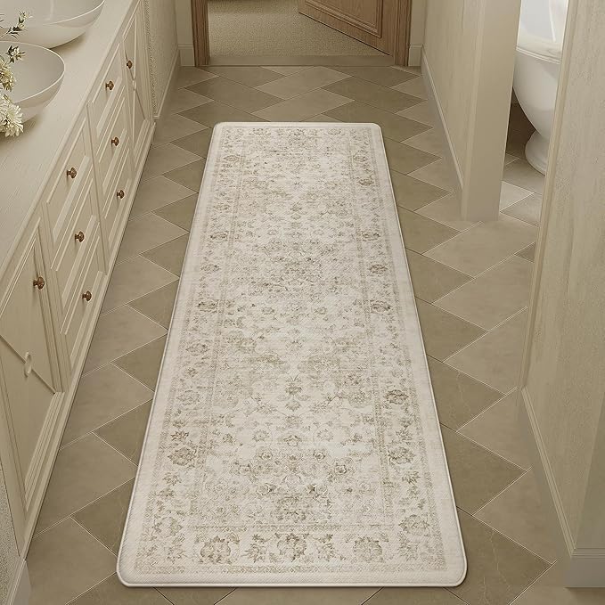 Anti Fatigue Kitchen Mat Beige Neutral Mats for Cushioned Vintage Kitchen Mats for Floor Non-Slip Waterproof Comfort Standing Rug for Sink Laundry Office 17.3"×59"