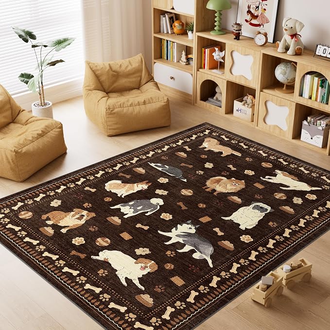 DUKINO 4x6 Area Rug, Non Slip Washable Rug for Living Room with Low Pile Design, Lightweight & Non Shedding Animal Dog Print Indoor Soft Carpet for Bedroom, Dining Room, Kids Room, Office, Brown