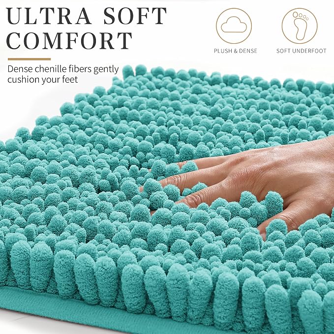 Yimobra Bathroom Rugs Non Slip Washable - Ultra Soft Absorbent Chenille Bath Mat, Quick Dry Shaggy Floor Carpet for Tub Shower, Lake Blue Home Decor Accessories, 24x17 Inch