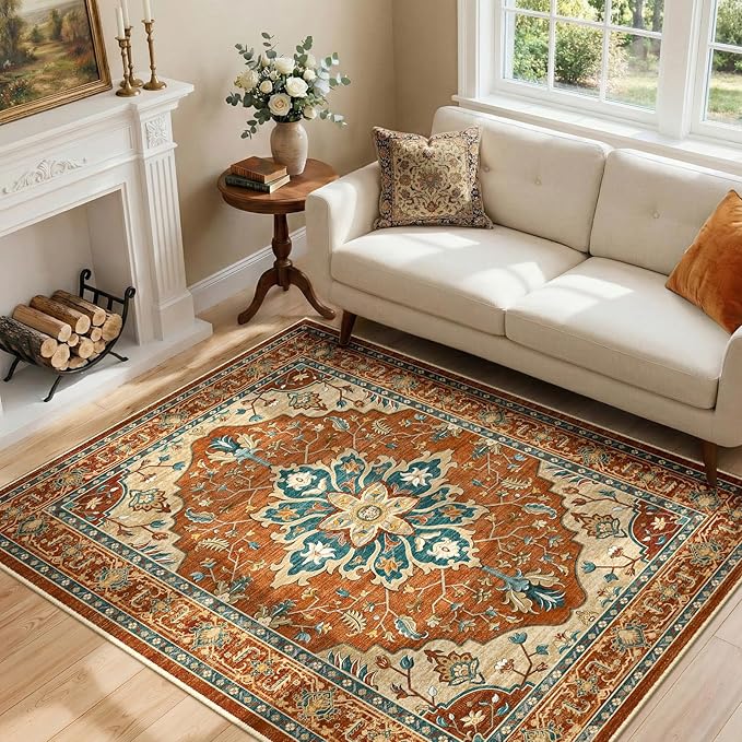 RELEANY Area Rugs 4'x6' Washable Non-Slip, Floral Vintage Distress Medallion Carpet for Living Room Bedroom Dining Room, Red Orange Blue Brown