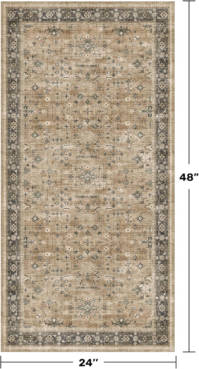Vintage Boho 2x4 Area Rug for Entryway - Washable Taupe Sage Kitchen Rug for the Floor, Low Pile Non-Slip Rugs for Bathroom, Earthy Geometric Decor & Stain Resistance