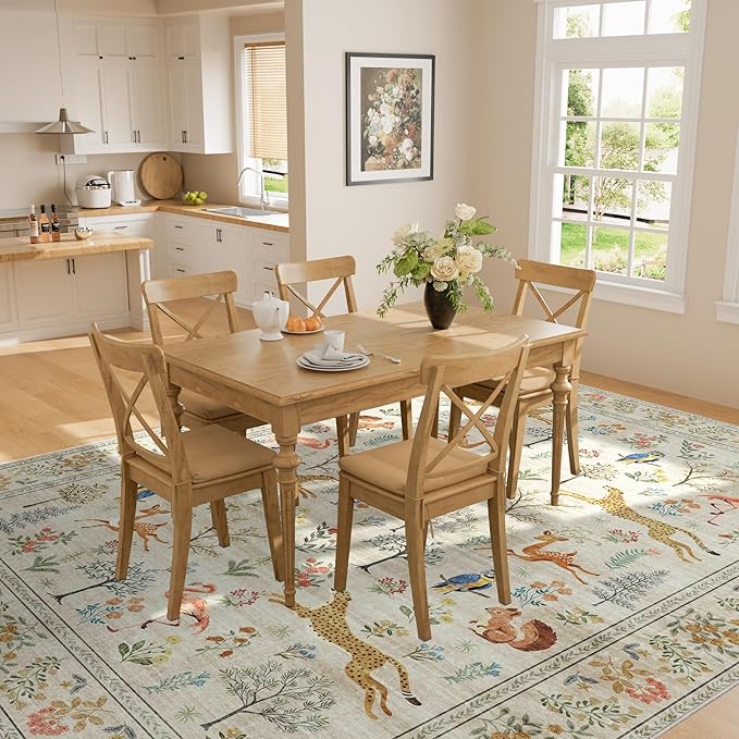 DUKINO 9x12 Rug, Washable Animal Living Room Rug with Non Slip Vintage Design, Soft Low Pile Large Carpet for Bedroom, Nursery, Dining Room, Farmhouse, Playroom, White