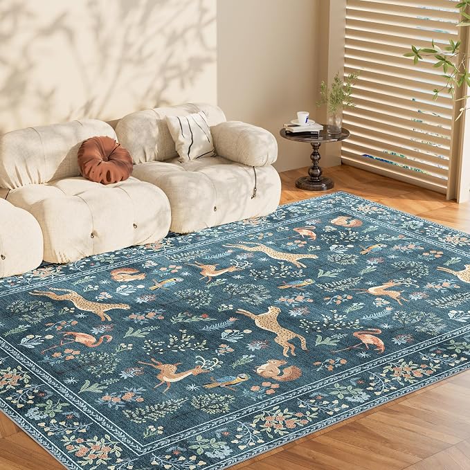 DUKINO 6x9 Rug, Washable Animal Living Room Rug with Non Slip Vintage Design, Soft Low Pile Large Carpet for Bedroom, Nursery, Dining Room, Farmhouse, Playroom, Blue