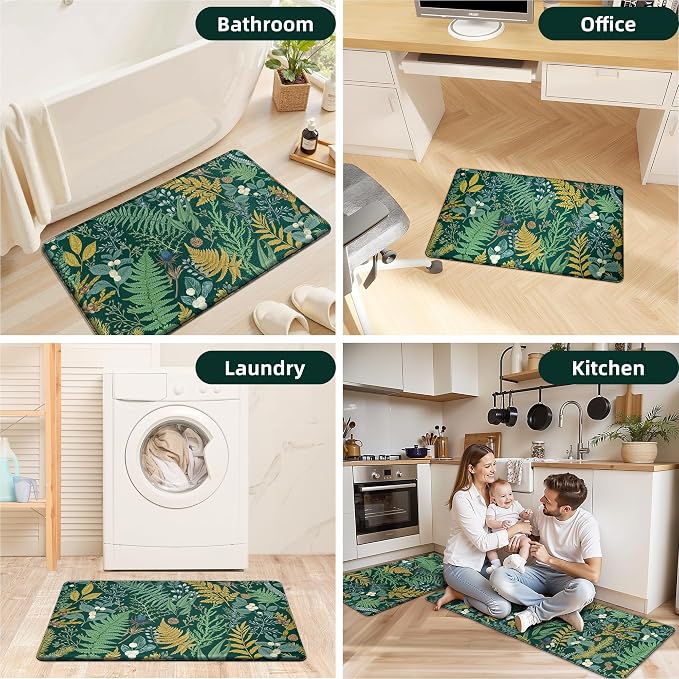 Dark Green Botanical Kitchen Rugs Set of 2 Plant Leaf Anti-Fatigue Kitchen Mat Natural Comfort Standing Waterproof PVC Mats 2/5" Thick Leather Carpet for Laundry Office Sink(17.3" x28" + 17.3" x 47")
