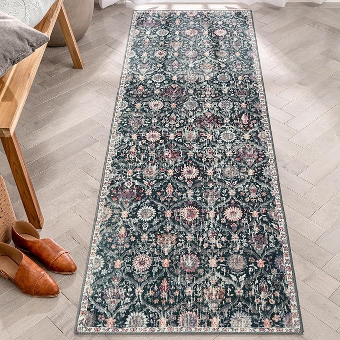 Lahome Moroccan Trellis Washable Runner Rug, 2x6 Kitchen Runners for Hallways 6 Feet Non Slip, Vintage Laundry Room Rug Ultra-Thin Carpet for Bathroom Bedroom Entryway Elise, Black/Multi