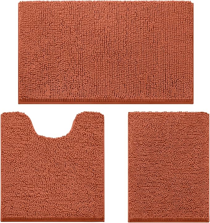 HOMEIDEAS 3 Pieces Bathroom Rugs, Ultra Soft Non Slip Absorbent Chenille Toilet Bath Mat Set (Burnt Orange)