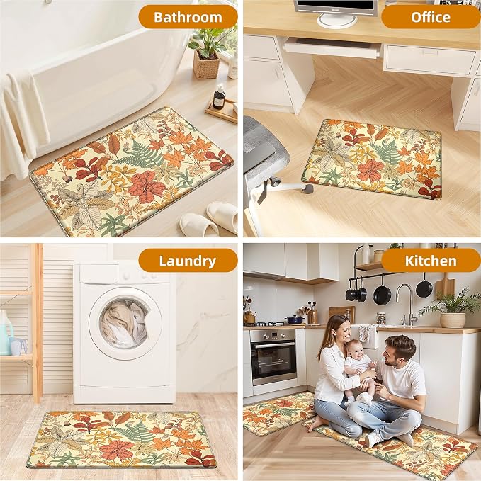 Orange Brown Botanical Kitchen Rugs Set of 2 Fall Maple Anti-Fatigue Kitchen Mat Natural Comfort Standing Waterproof PVC Mats 2/5" Thick Leather Carpet for Laundry Office Sink(17.3"x28"+ 17.3"x47")
