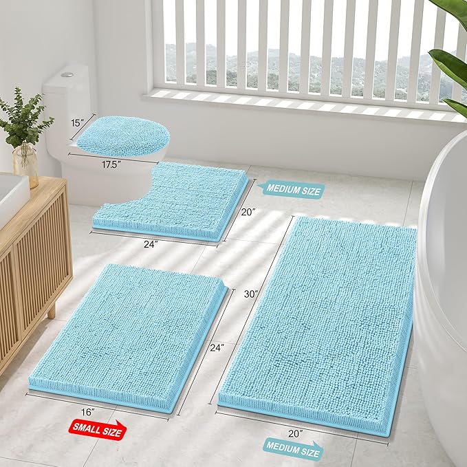 Smiry Luxury Chenille Bathroom Rugs 70x24, Extra Soft and Absorbent Shaggy Bath Mat, Machine Washable, Non-Slip Plush Carpet Runner for Tub, Shower, and Floor, Home Decor Accessories, Sky Blue