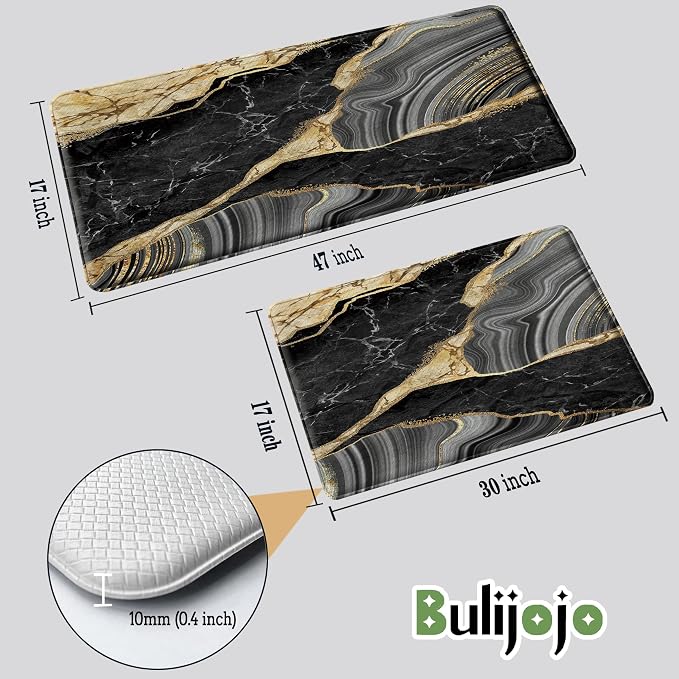 Bulijojo Black Ink Abstract Marble Anti Fatigue Kitchen Floor Mats Set of 2 Waterproof Kitchen Sink Runner Rug Standing Mat Cushioned Kitchen Rugs Comfort Doormat 17"x47"+17" x30“