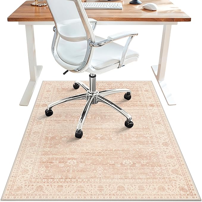 48"x60" Office Chair Mat for Hardwood Tile Floor, Under Desk Carpet Protector for Rolling Computer Chair Mat, Machine Washable Area Rug, Anti-Slip 1/5" Thick Low Pile Thin Vinyl Floor Mat, Dusty Pink