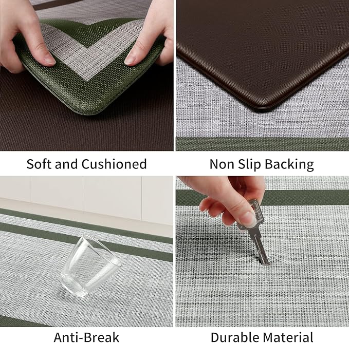 Mattitude Kitchen Mats Set of 2 Cushioned 0.47 inch Thick Rugs Non-Skid Waterproof Mats and Ergonomic Comfort Standing for Floor, Office, Sink,Laundry,Green