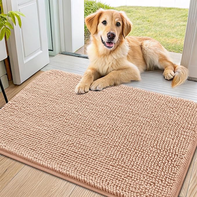 Smiry Dog Door Mat for Muddy Paws 36x24, Absorbent Dirt Trapper, Non-Slip Washable Chenille Entryway Rug for Inside Floor, Peach, Classic Solid