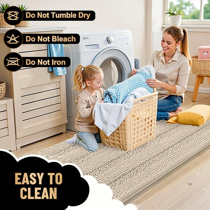 OLANLY Thick Bathroom Runner Rugs 59x24, Absorbent Chenille Striped Bath Rugs, Rubber Backing, Machine Wash Dry, Extra Long Bath Mats for Bathroom Floor, Tub and Shower, Home Decor Accessories, Sand