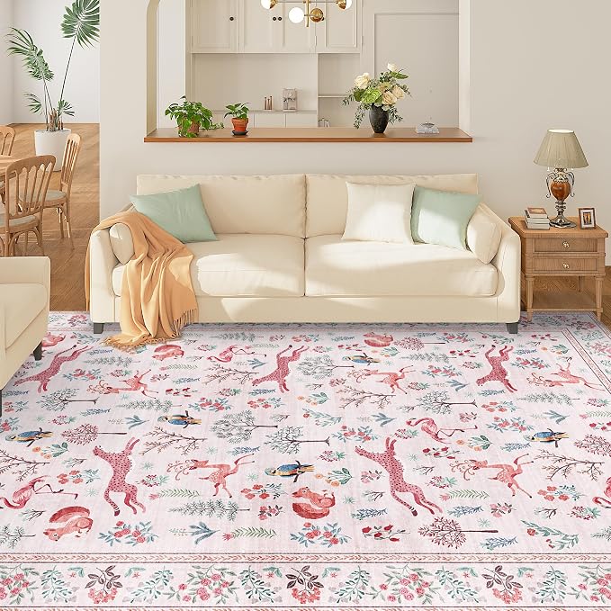 DUKINO 6x9 Rug, Washable Animal Living Room Rug with Non Slip Vintage Design, Soft Low Pile Large Carpet for Bedroom, Nursery, Dining Room, Farmhouse, Playroom, Pink