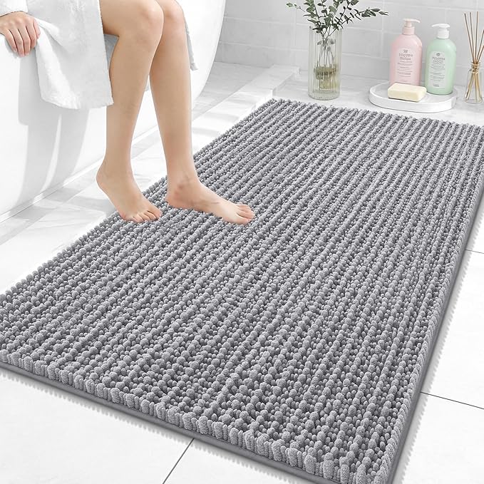 OLANLY Bathroom Rug Mat 44x32, Thick Soft and Absorbent Chenille Bath Mat, Non-Slip Rubber Backing, Machine Washable Quick Dry Bath Rugs for Tub Shower Floor, Home Decor Accessories, Grey