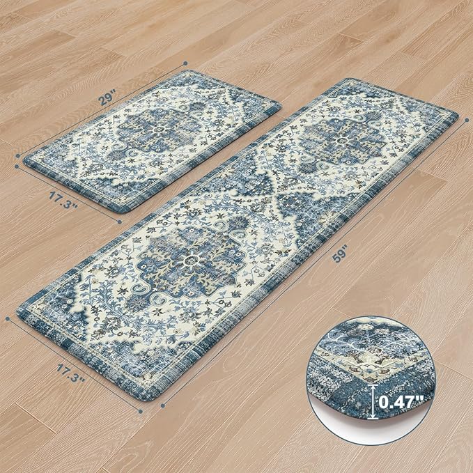 KIMODE Anti Fatigue Kitchen Mat for Floor 17.3"x29"+17.3"x59", Boho Vintage Kitchen Rugs Sets of 2, Cushioned Non Slip Kitchen Mats for Floor, Comfort Kitchen Floor Mat for Sink Laundry Desk Blue